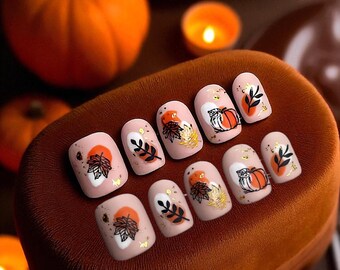 Autumn Pumpkin Nails – Fall Press On Nails with Gold Foil,  Thanksgiving Nails