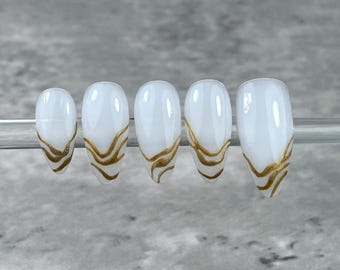 White & Gold Bridal Press On Nails: Wedding Acrylic Nail Set