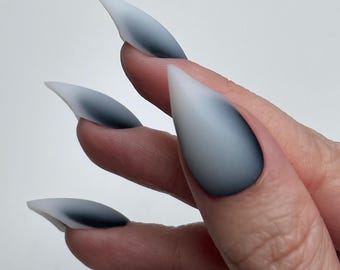 Claw Nails Black and White Ombre – Gothic Stiletto Press On Nails, Matte Fade Fake Nails for Halloween, Cosplay & Everyday Wear