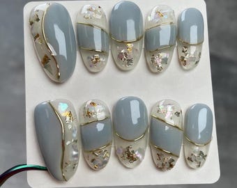 Stained Glass Press On Nails: Iridescent Almond Nail Art