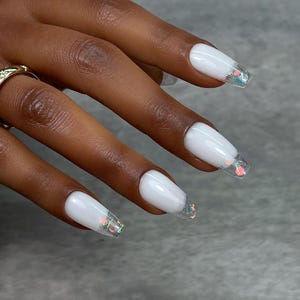 Press On Nail White French Tip Iridescent Nails Holographic Custom Length Nail Set Acrylic