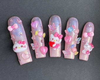 Handmade Kawaii Pink Glitter Press On Nails: Kitty Charms Y2K Nail Art XXXL