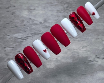 Valentine's Day Press On Nails: Red & White Reusable Fake Nails