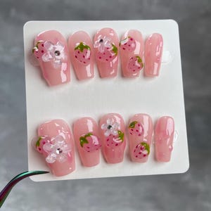 3D Strawberry Press On Nails | Kawaii Summer Fake Nails | Cute Short Pink Nails | Japanese Style Nails for Teens | Gift for Her
