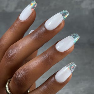 Press On Nail Long Almond Shape Winter Glitter French Tip Sparkly White Nails Elegant and Classy