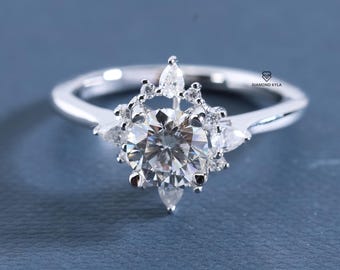 Vintage Round Lab Grown Diamond Halo Engagement Ring | Solid Gold Floral Bridal Ring | Custom Wedding Ring for Her