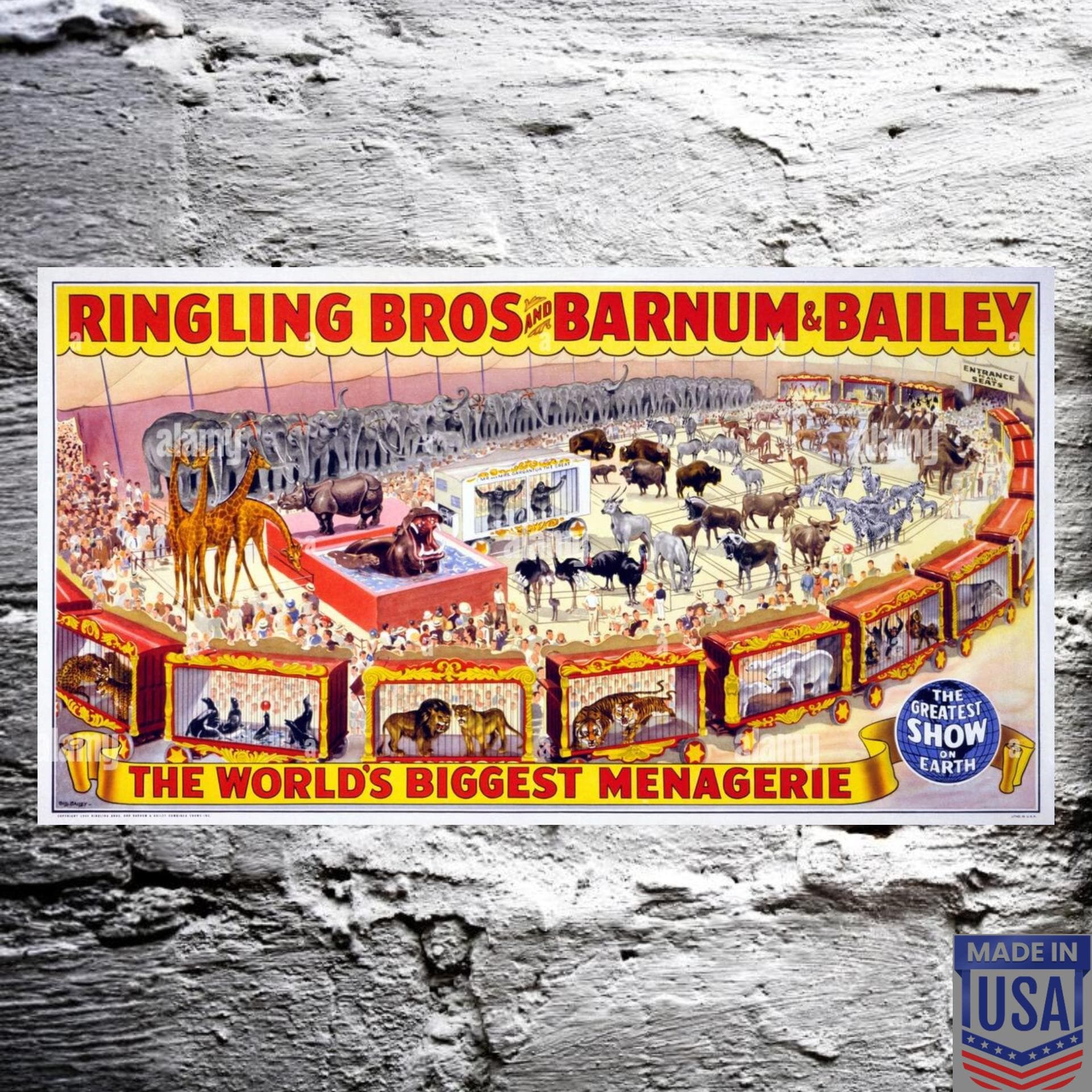 Póster del circo Ringling Bros Barnum & Bailey de 1944: colección de animales de Bill Bailey, 21,7 x 12 pulgadas, póster vintage de aluminio texturizado en 3D, fabricado en EE. UU.