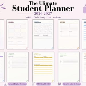 Peut inclure: Le planificateur étudiant The Ultimate Student Planner 2026-2027 comprend dix pages dont un tableau de vision, un calendrier annuel, des objectifs, un suivi des devoirs, le mois de janvier 2027, un suivi d'habitudes, un budget et un journal.