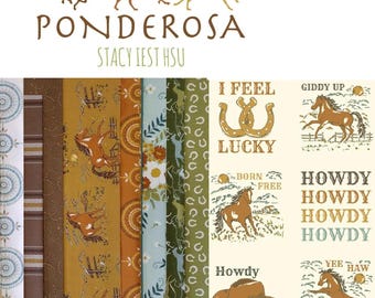 Ponderosa Western Cowboy Rodeo quilting fabric bundle, 10 half-yard cuts with 1 panel