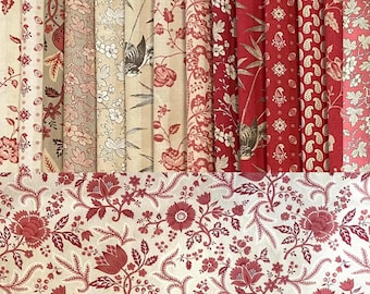 Rouenneries Trois French General - Antique Vintage Inspired 18th to 19th century, France Red Neutral colors - fabric bundle 15 pieces