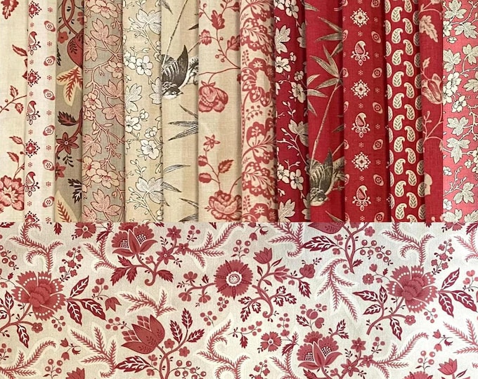 Rouenneries Trois French General - Antique Vintage Inspired 18th to 19th century, France Red Neutral colors - fabric bundle 15 pieces
