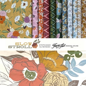 May include: A collection of fabric bolts featuring floral and botanical patterns in mustard, pink, orange, red, green, and blue. Below, a cream fabric displays large orange and yellow flowers with brown and blue leaves. Text reads SLOW STROLL.