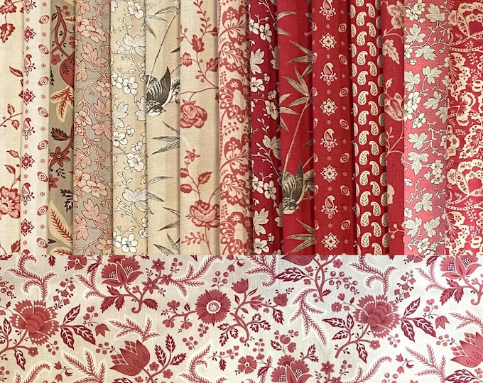 Rouenneries Trois French General - Antique Vintage Inspired 18th to 19th century, France Red Neutral colors - fabric bundle 16 pieces