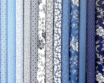 Denim Daisies by Fig Tree Co for MODA Fabrics: Blue Cream White bundle, fat quarters | fat eighths | half yards, select a bundle