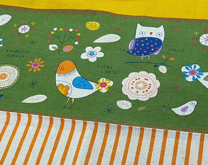 Cotton Linen fabric Minakoko by Koko Seki for Lecien L40581-60-Yellow-Green-Orange, Retro vintage 1970's Scandinavian Bird Border, 1 yard