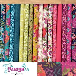 May include: A display of colorful floral fabric rolls in a wooden shelf. The fabrics feature various patterns in shades of teal, yellow, pink, and purple. The brand name "Parlor" is visible at the bottom.