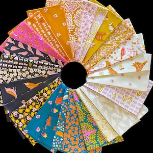 May include: A circular arrangement of fabric pieces in various colors and patterns. The fabrics feature designs of birds, flowers, and geometric shapes in shades of pink, orange, yellow, teal, and black. The arrangement is set against a black background.