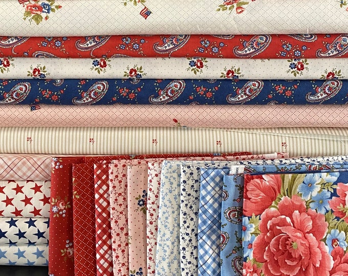 Belle Isle by Minnick & Simpson, Americana quilting fabric bundle, Red White Blue Pink - 27 pieces