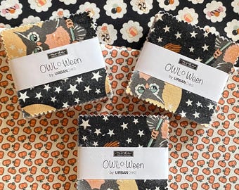 Halloween Owl O ween by Urban Chiks for Moda Fabrics: Mini Charm 2.5" squares (3 packs) + 2-pcs Half Yard cuts