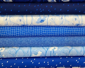 Ruby Star WATER - cotton quilt fabric bundle, Blue White 8 pieces