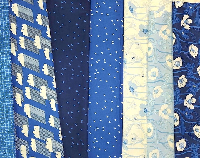 Ruby Star WATER - cotton quilt fabric bundle, Blue White 8 pieces