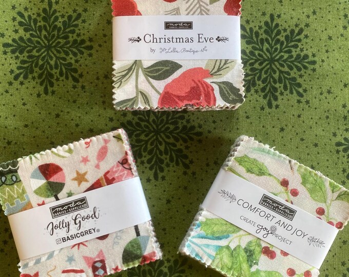 Moda Christmas MINI CHARM 2.5" fabric squares - Holiday Stocking stuffer MODA assortment set, 3 Packs
