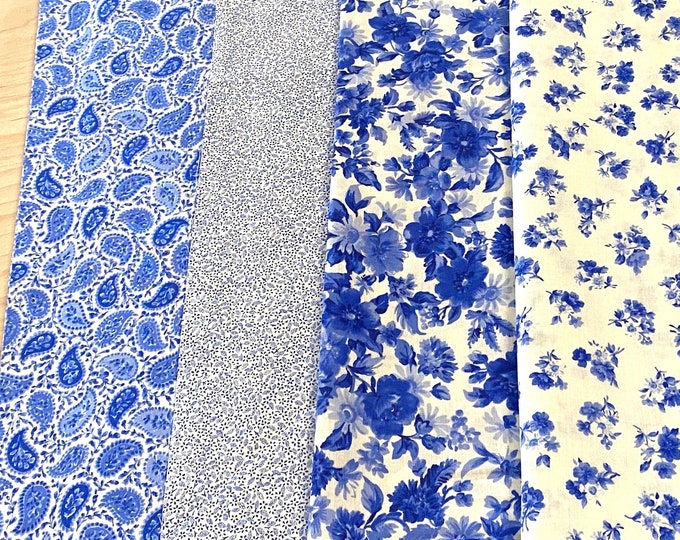 Summer Breeze fabric by Moda ~ Blue Off White fabric remnants, 4 pieces