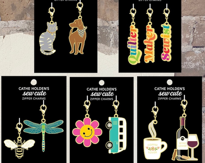 Enamel Zipper Pulls by CATHE Holden. Options:  Dog + Cat, Words, Insects, Flower + Bus, Drinks