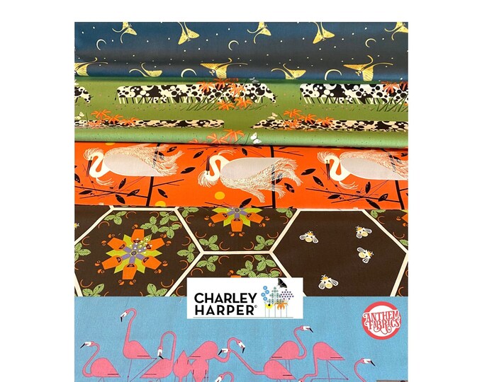 Charley Harper Summer organic cotton fabric 5 cuts, Moth-Birds-Cow-Bear-Bee remnants