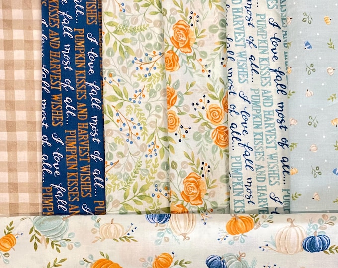 Harvest Wishes by Deb Strain for Moda Fabrics, Aqua remnant cuts fabric bundle- 7 pieces