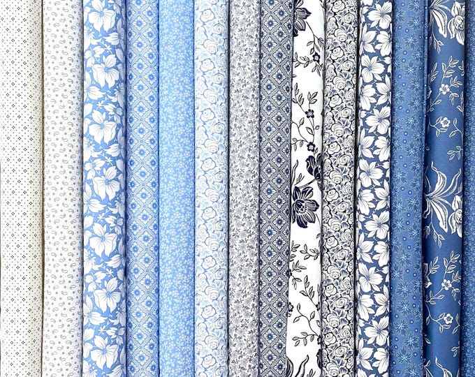 Denim Daisies by Fig Tree Co for MODA Fabrics: Blue Cream White bundle, fat quarters | fat eighths | half yards, 18 pieces