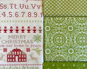 Christmas Stitched by Fig Tree for Moda - Green 3 pieces 1 yard each + Panel 23"x43"