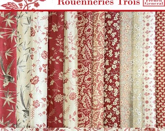 Rouenneries Trois French General Fabric Bundle – Antique Inspired Floral Prints (12 Remnant Pieces) + 1 Fat Quarter, total 7.55 yards
