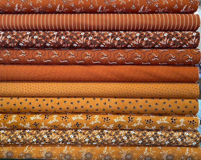 Rustic Gathering by Primitive Gatherings for MODA Fabrics, quilting cotton bundle 10 pieces, Rust colorway