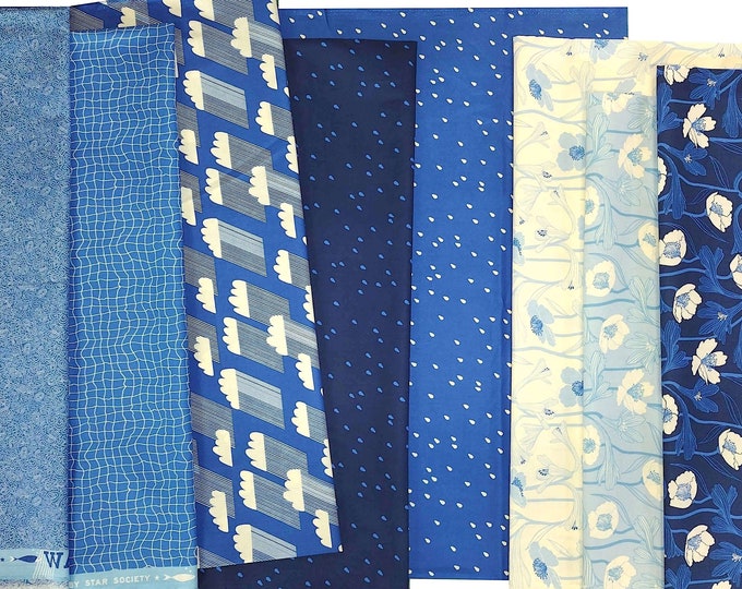 Ruby Star WATER - cotton quilt fabric bundle, Blue White 8 pieces