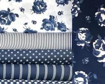 Summertime by Camille Roskelley for Moda Fabrics, Dark Navy-Blue Cream Colorway: fabric bundle, 6 pieces