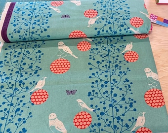 ECHINO Bird on Ball by Etsuko Furuya, Cotton Linen Fabric Color 100B Aqua Teal Blue -