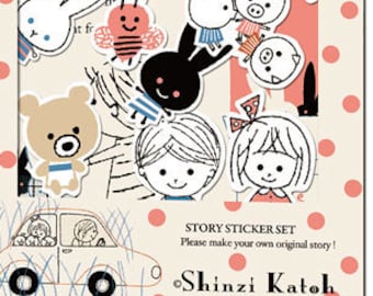 Sticker Pack, 64 pieces - Mon Peluche Bunny Pig monkey bee - designed by Shinzi Katoh