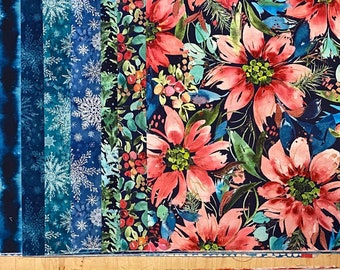 Create Joy Starflower Christmas  fabric by Moda ~ bundle, Cool blue, 12 pieces