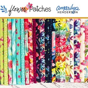 May include: A collection of fabric strips arranged vertically, featuring various floral and geometric patterns in vibrant colors including teal, yellow, pink, red, and navy blue. The text "flower Patches" and "amarilys HENDERSON" appears above.