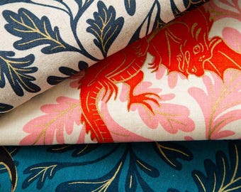 Fire Glow Dragon Lair by Sarah Watts for Ruby Star Society - RS2138L CLOTTON LINEN Blend CANVAS • Metallic Fantasy Dragons • By the Yard