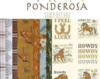 Ponderosa Western Cowboy Rodeo quilting fabric bundle, 7 half-yard cuts with 1 panel