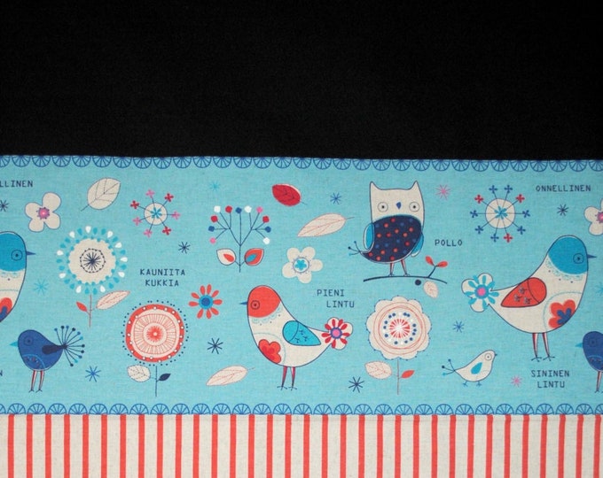 Cotton Linen fabric - Minakoko b Koko Seki for Lecien L40581-70-Black-Light Blue-Orange, Retro vintage 1970's Scandinavian Bird, 1 yard