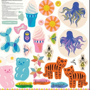 May include: A Ruby Star Society Cut & Sew fabric panel featuring various printed shapes including rabbits, balloon dogs, ice cream cones, suns, octopuses, tigers, ducks, gummy bears, fish, moths, and eggs on a white background with instructional text.