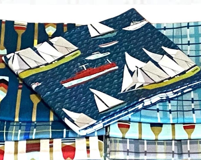 LAKESIDE Story Summer Sail Boats, Oar Paddle, Plaid Basics, by Mara Penny for Moda Fabrics - cotton quilting 9 fat quarters