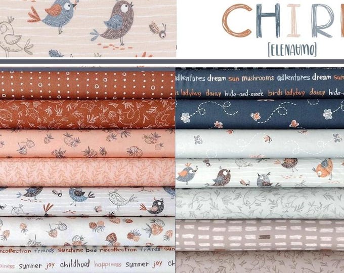 Chirp by Elena Amo for Moda Fabrics, 14 pieces (12 @ half-yard cuts + 2 remnants 26" &29")