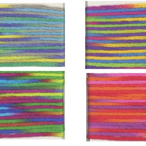 May include: Four samples of yarn in different color combinations. The yarn is striped with shades of blue, green, yellow, red, and purple. The yarn samples are labeled with the numbers 9015, 9016, 9017, and 9018.
