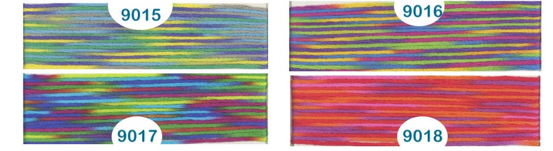 May include: Four samples of yarn in different color combinations. The yarn is striped with shades of blue, green, yellow, red, and purple. The yarn samples are labeled with the numbers 9015, 9016, 9017, and 9018.