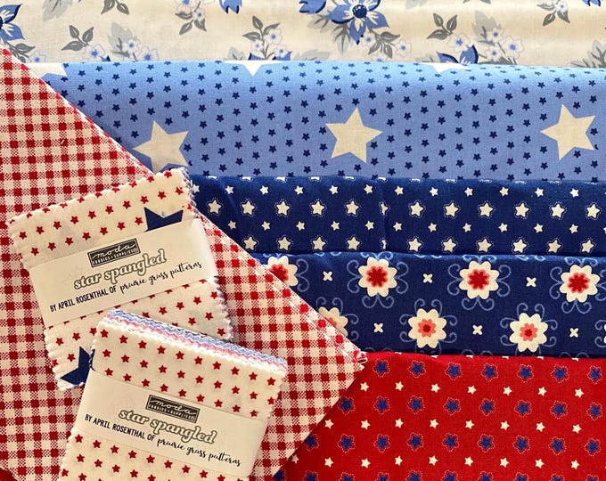 Star Spangled Patriotic Fabric Bundle by April Rosenthal for Moda Fabrics, Remnants 3.15 yards + 1 FQ + 2 Mini Charm Packs