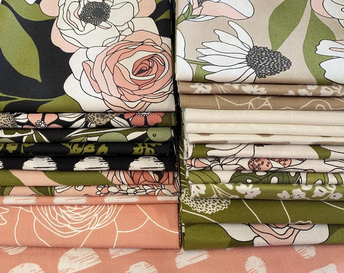 Botany by Alli K Designs for Moda Fabrics - Nature Floral Green Pink Raven, 21 pieces